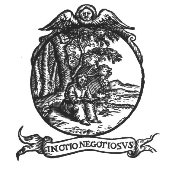 Man, sitting on the ground in front of a group of trees and a cabin, reading a book; frame decorated with cherub; banderole with inscription