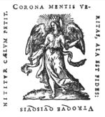 An angel wearing a crown and holding a palm-branch