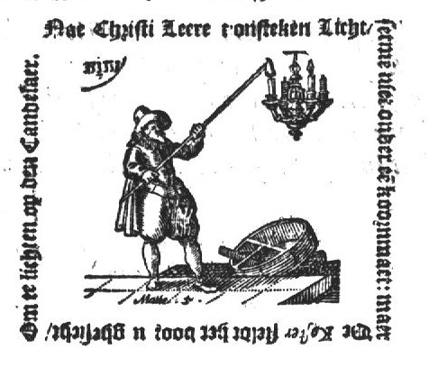 A sexton (Dutch: 'koster') lighting a candle on a chandelier (in Dutch may also be 'koster'); Jahweh-tetragram; inscription 'Matte. 5' below the sexton's feet