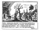 A man, standing on a ladder, cutting a tree 'into cudgels' (Dutch: 'knuppel'; Old Dutch: 'kluppel') with an axe, another man is making a fire; Death (in the shape of a skeleton) is pulling a group a people with a rope