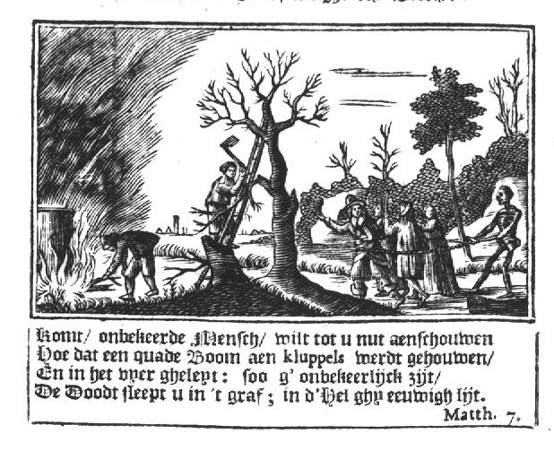 A man, standing on a ladder, cutting a tree 'into cudgels' (Dutch: 'knuppel'; Old Dutch: 'kluppel') with an axe, another man is making a fire; Death (in the shape of a skeleton) is pulling a group a people with a rope