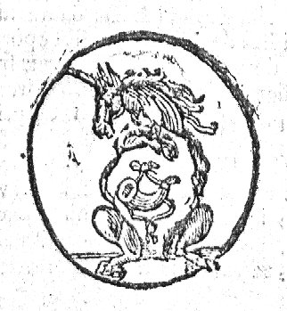 Unicorn holding the coat of arms of Hoorn (hunting horn; Dutch: 'hoorn')