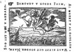 Flying woman with wings at the shoulder, blowing a trumpet and holding a palm-branch (Fame); waterscape