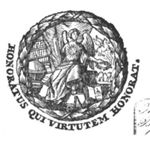 A sitting woman with wings at the shoulders, a spear, a sun on the chest, holding a laurel (Virtue), surrounded by the following items: books, globe, compasses; in the background: Pegasus; laurel wreath as frame