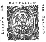 A sitting woman with wings at the shoulder, holding a trumpet and an Ouroboros (Fame); frame decorated with foliage