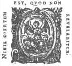 A sitting woman with wings at the shoulder, holding a trumpet and an Ouroboros (Fame); frame decorated with foliage