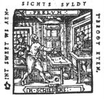 Three men at work in a printing office: one man rolling ink-balls, one man operating a press, a third type-setting at a typecase(?); tables