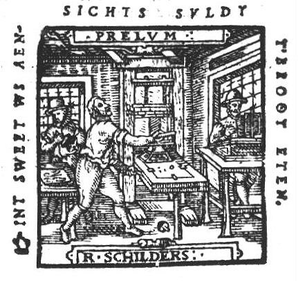 Three men at work in a printing office: one man rolling ink-balls, one man operating a press, a third type-setting at a typecase(?); tables