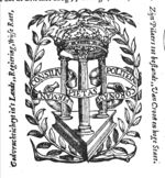 A crown resting on three columns (pillars), columns resting on a triangular base, laurel-branches; banderole with inscription