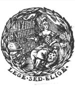 Minerva (Aegis, helmet) sitting in a library or study, pointing towards shelves with books; a globe and an armillary sphere; a wreath as frame