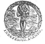 Atlas carrying a globe; a wreath as frame