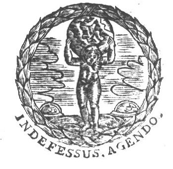 Atlas carrying a globe; a wreath as frame