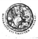A sitting woman with wings at the shoulders, a spear, a sun on the chest, holding a laurel (Virtue), surrounded by the following items: books, globe, compasses; in the background: Pegasus; laurel wreath as frame
