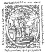 A standing woman carrying a yoke, a chain on the right leg (Patienza, Patience), a sheep, a putto with an anchor holding the yoke, a fountain in the form of a putto(?) riding on a dolphin, on top of the putto a winged hourglass (the water of the fountain is streaming on the chain, a bird (dove?) in the sun, a landscape with a devil behind a sitting person; decorated frame