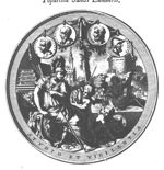 Minerva, sitting, with her attributes: (lance, helmet, Aegis), a cock, two putti show her what seems to be pieces of sculpture (coins, medaillons) with busts with inscriptions; in the background: books, the building of the University of Leiden, a lion holding the coat of arms of the city of Leiden