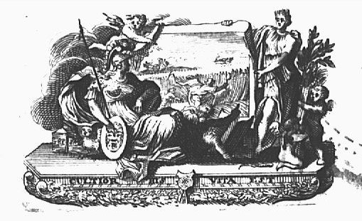 Minerva (helmet, lance, Aegis, owl), at her feet a putto with an open book, before a depiction of a harvest held up by a putto and Ceres (wreath of ears of corn, sheaf of corn held by two putti)