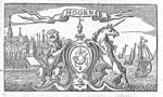 A lion and a unicorn holding a cartouche with the coat of arms of Hoorn (hunting horn; Dutch: 'hoorn'); view of Hoorn across the harbour, sailing-ships; banderole with inscription
