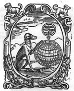 Sitting dog (Dutch: 'hond') holding his left leg on a globe; on top of the globe an armillary sphere; frame decorated with festoons and dogs
