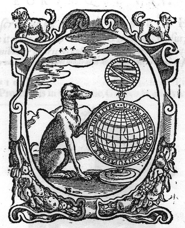 Sitting dog (Dutch: 'hond') holding his left leg on a globe; on top of the globe an armillary sphere; frame decorated with festoons and dogs
