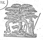 Minerva (lance, helmet, Aegis, owl) standing next to a tree bearing fruit, holding a banderole
