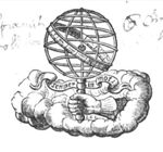 A hand holding an armillary sphere; banderole with inscription