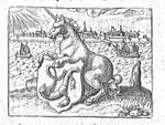 Unicorn holding coat of arms of Hoorn (hunting horn; Dutch: 'hoorn'); a tree-stump; the sun shining over a city-view of Hoorn across the water; sailing-ships