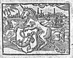 Unicorn holding coat of arms of Hoorn (hunting horn; Dutch: 'hoorn'); a tree-stump; the sun shining over a city-view of Hoorn across the water; sailing-ships