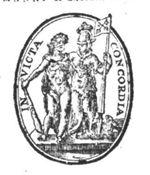 Minerva (helmet, owl, lance with banner of Leiden (keys) attached to it) embracing Hercules (club, lion's skin), symbolizing Unity; simple frame