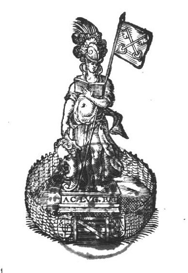 Minerva (Aegis, helmet, lance) holding an open book; attached to the lance is the coat of arms of the city of Leiden (Minerva as patroness of the University of Leiden