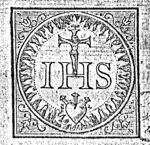IHS monogram with crucifix on top of it, a heart with three nails below it, encircled by a radiance in ornamental frame