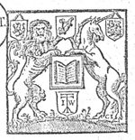 An open book held by a lion and a unicorn who, together, hold the coat of arms of Hoorn (hunting horn; Dutch: 'hoorn'); the coat of arms of Friesland and the United Provinces; 'Hausmarke' and initials "I.W."