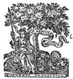 Minerva (Aegis, owl, lance, laurel wreath), as academic patroness, sitting under a tree surrounded by various other objects: palette, books(?), astrolabe, armillary sphere; banderole fixed to the lance