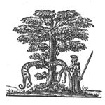 Minerva (lance, helmet, Aegis, owl) standing next to a tree bearing fruit, holding a banderole