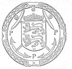 Coat of arms of Friesland with a crown and crossed anchors; a wreath as frame; a small flower and the initials "P.P.P."