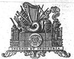Composition of various objects on or around a container which is held together with a rope, on the container a letter combination: books, ink-pot and quill, palett and brushes, Jacob's staff, harp and blowing instrument, compasses and square, globe, smoking pot, snake around a branch, scales?