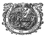 The attack on the Midianites: Gideon and his men blow their trumpets, break their pitchers, and hold their lamps; decorated frame of inscribed banderole and mascarons