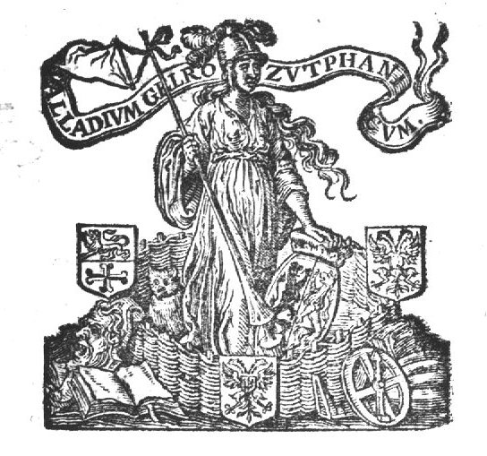 Minerva (helmet, owl, lance, Aegis), attached to the lance a banderole (Minerva as patroness of the University of Harderwijk); she is surrounded by various objects: open book, astrolabe