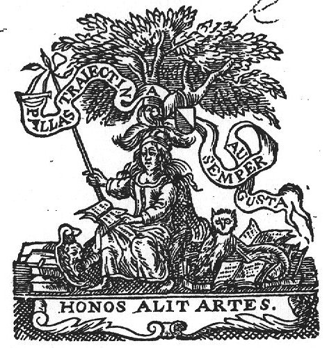 Minerva (owl, helmet, lance, Aegis), patroness of the city of Utrecht, sitting under a tree with an open book, a banderole is attached to her lance