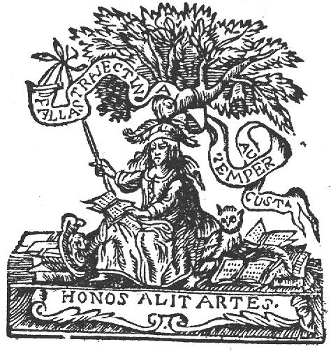 Minerva (owl, helmet, lance, Aegis), patroness of the city of Utrecht, sitting under a tree with an open book, a banderole is attached to her lance
