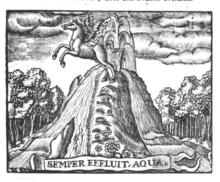 Pegasus striking the fountain Hippocrene on Mount Helicon; banderole with inscription