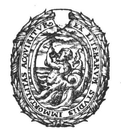 Triton blowing a conch; he is encircled by Ouroboros; wreath as frame