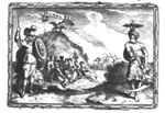 The mountain Parnassus, an eagle holding a banderole, at the foot of the mountain the muses and Minerva (helmet, lance, owl, Aegis) and Father Time (scythe, hourglass with wings); frame as if of a painting