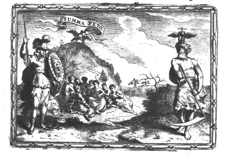 The mountain Parnassus, an eagle holding a banderole, at the foot of the mountain the muses and Minerva (helmet, lance, owl, Aegis) and Father Time (scythe, hourglass with wings); frame as if of a painting