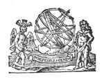 Armillary sphere with Father Time (wings, scythe, hourglass with wings) and Hercules (club, lion's skin); banderole with inscription