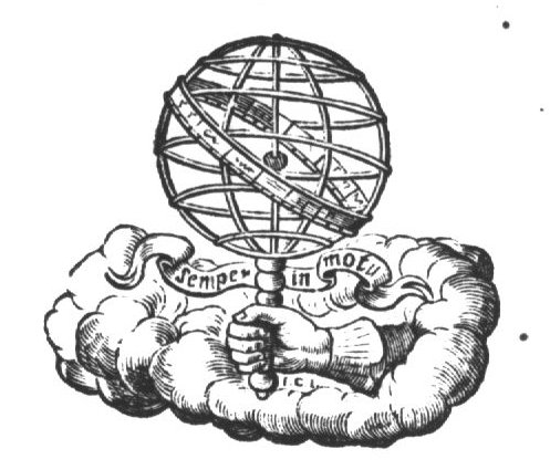 A hand holding an armillary sphere; banderole with inscription