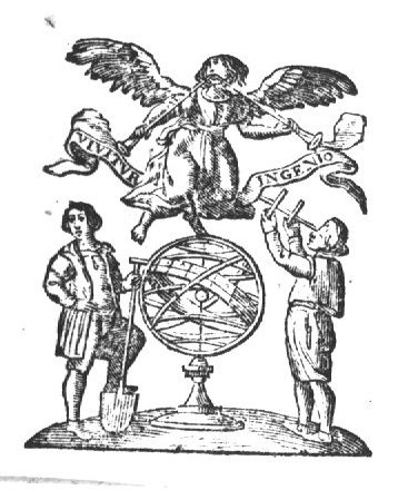 An armillary sphere; a man with a spade, Fama (woman with two trumpets) and a man with a Jacob's staff; banderole with inscription