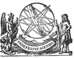 Armillary sphere with Father Time (wings, scythe, hourglass with wings) and Hercules (club, lion's skin); banderole with inscription