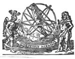 Armillary sphere with Father Time (wings, scythe, hourglass with wings) and Hercules (club, lion's skin); banderole with inscription