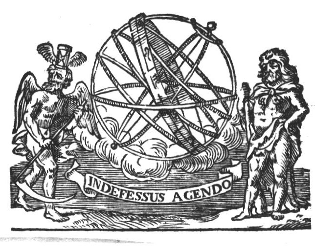 Armillary sphere with Father Time (wings, scythe, hourglass with wings) and Hercules (club, lion's skin); banderole with inscription