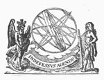 Armillary sphere with Father Time (wings, scythe, hourglass with wings) and Hercules (club, lion's skin); banderole with inscription